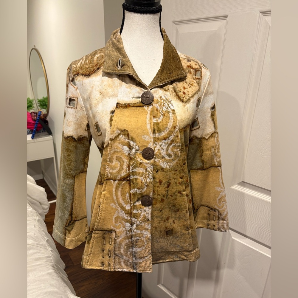 Dolcezza Abstract Art Print Jacket XS Y2K Earth Tone Button Up